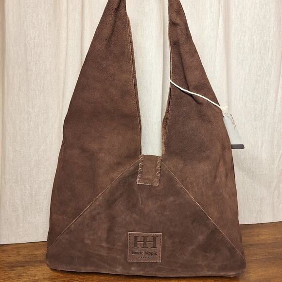 Haute Hippie NEW Triangle suede hobo shoulder bag brown100% leather NWT bohemian - Picture 2 of 9